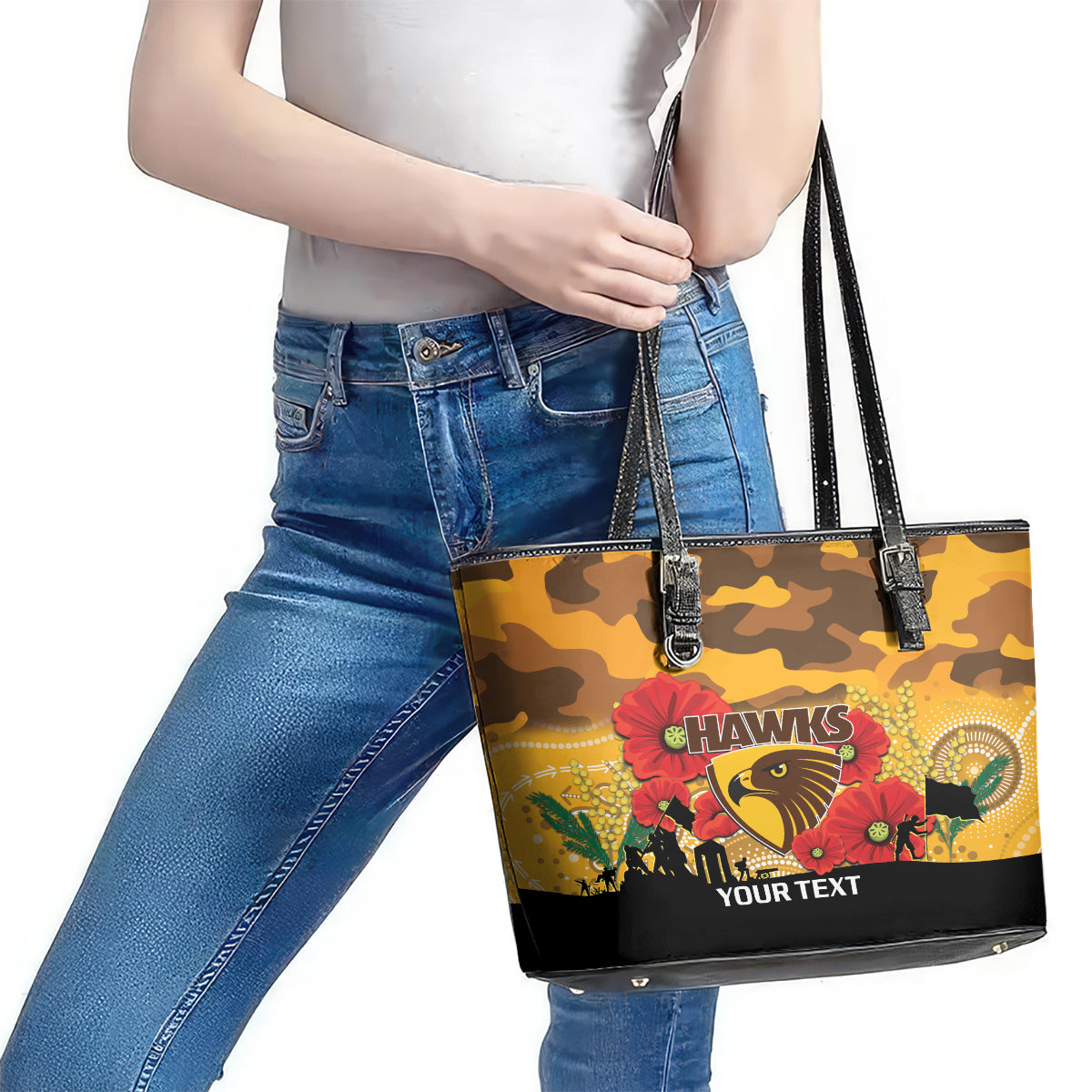 Custom Hawks Football ANZAC Leather Tote Bag Gallipoli Camouflage With Poppies