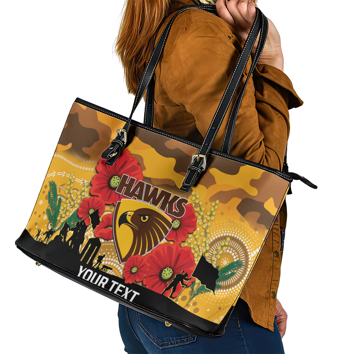 Custom Hawks Football ANZAC Leather Tote Bag Gallipoli Camouflage With Poppies