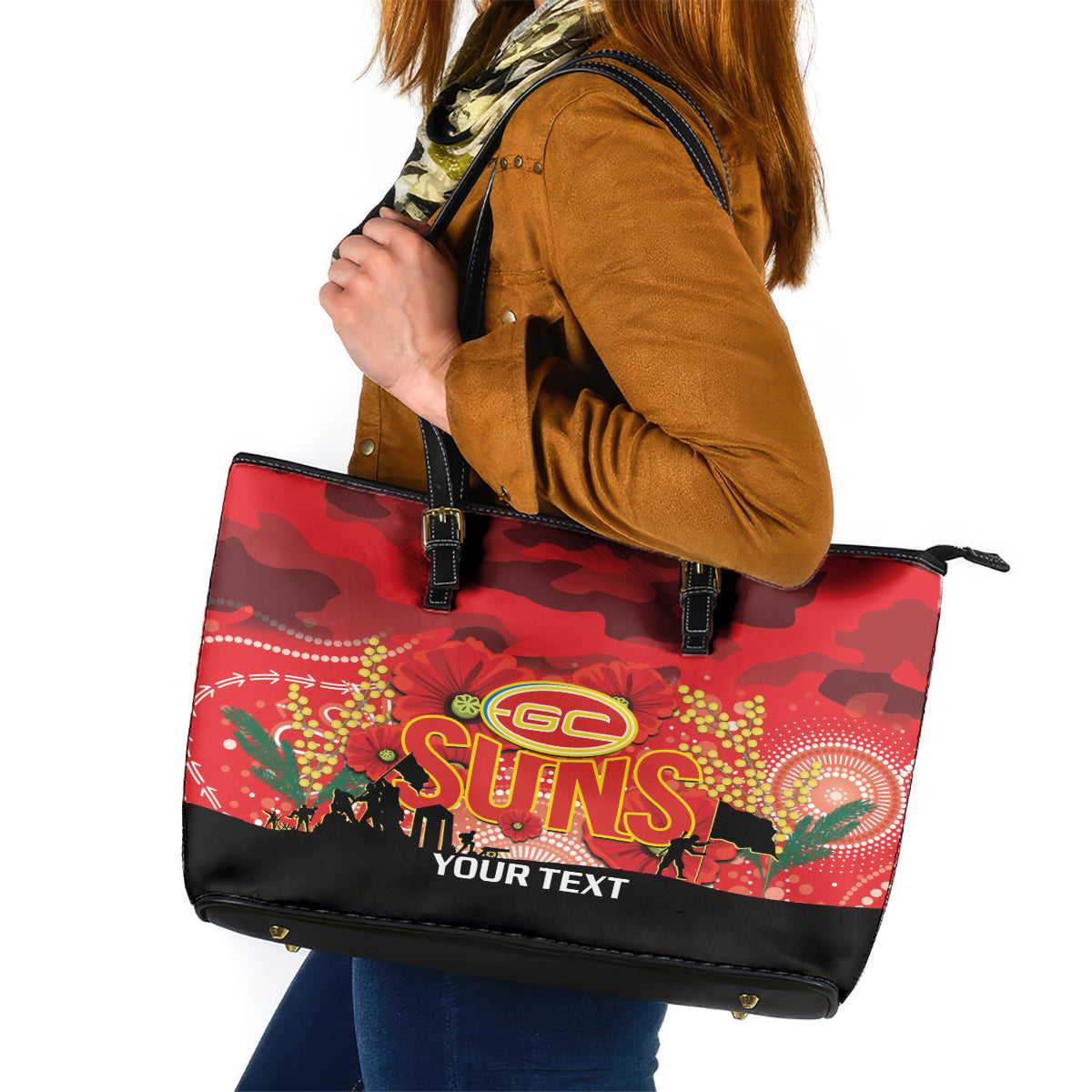 Custom Suns Football ANZAC Leather Tote Bag Gallipoli Camouflage With Poppies