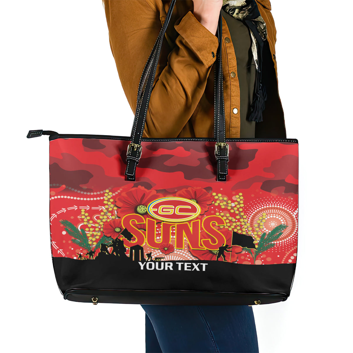 Custom Suns Football ANZAC Leather Tote Bag Gallipoli Camouflage With Poppies