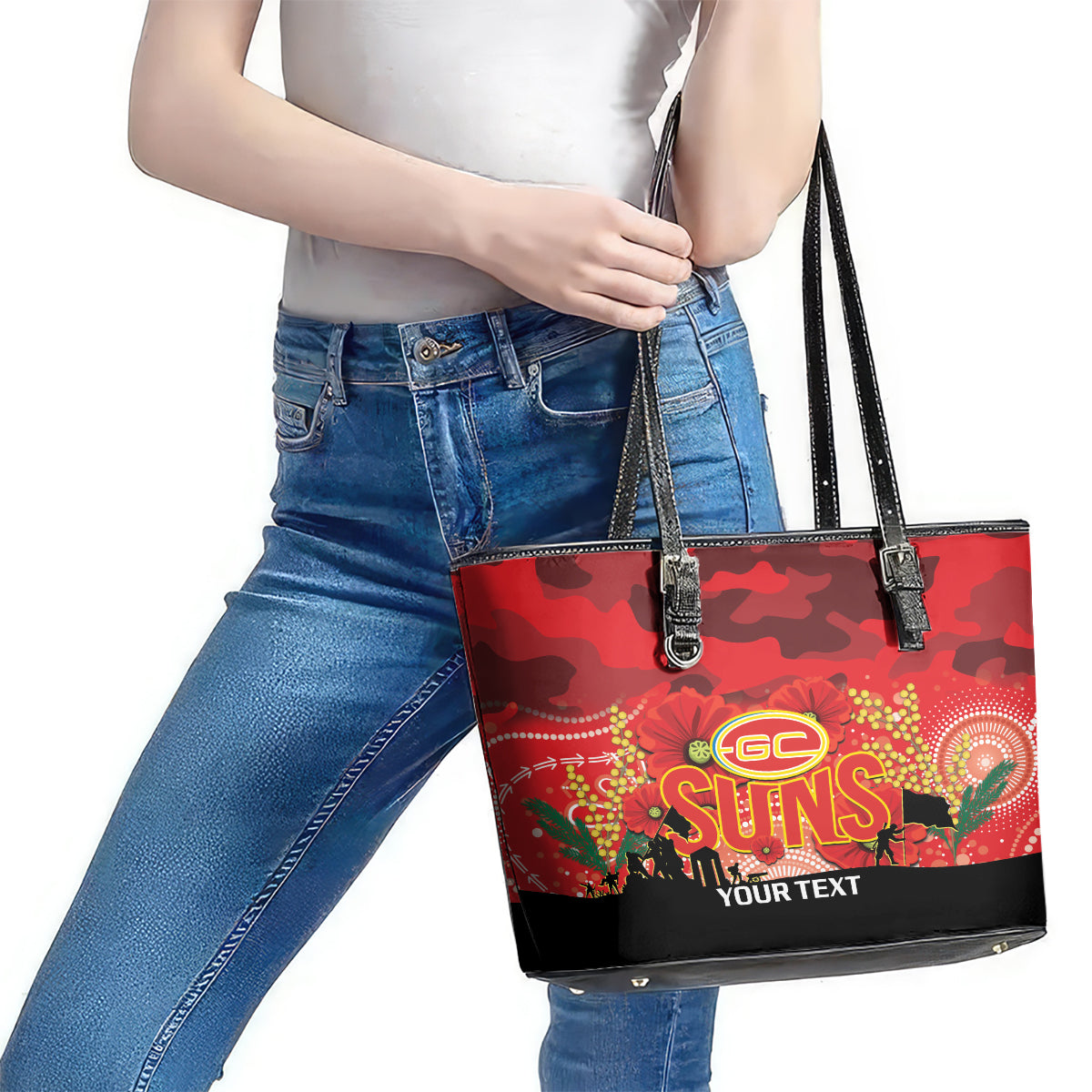 Custom Suns Football ANZAC Leather Tote Bag Gallipoli Camouflage With Poppies