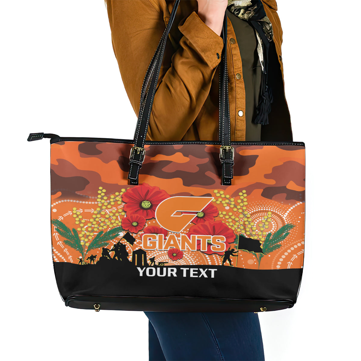 Custom Giants Football ANZAC Leather Tote Bag Gallipoli Camouflage With Poppies