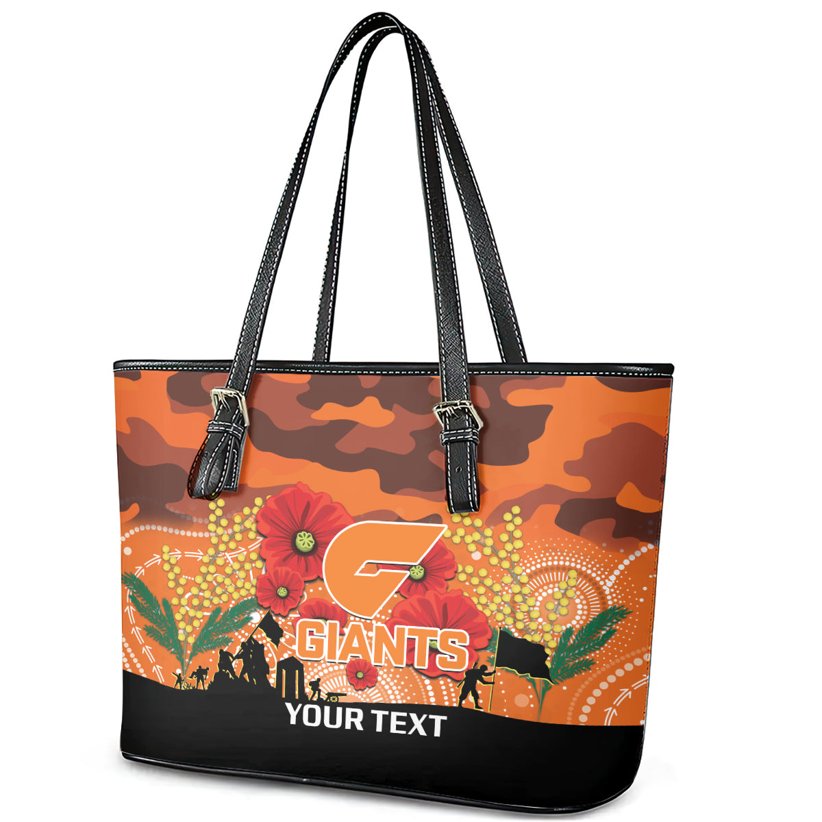 Custom Giants Football ANZAC Leather Tote Bag Gallipoli Camouflage With Poppies