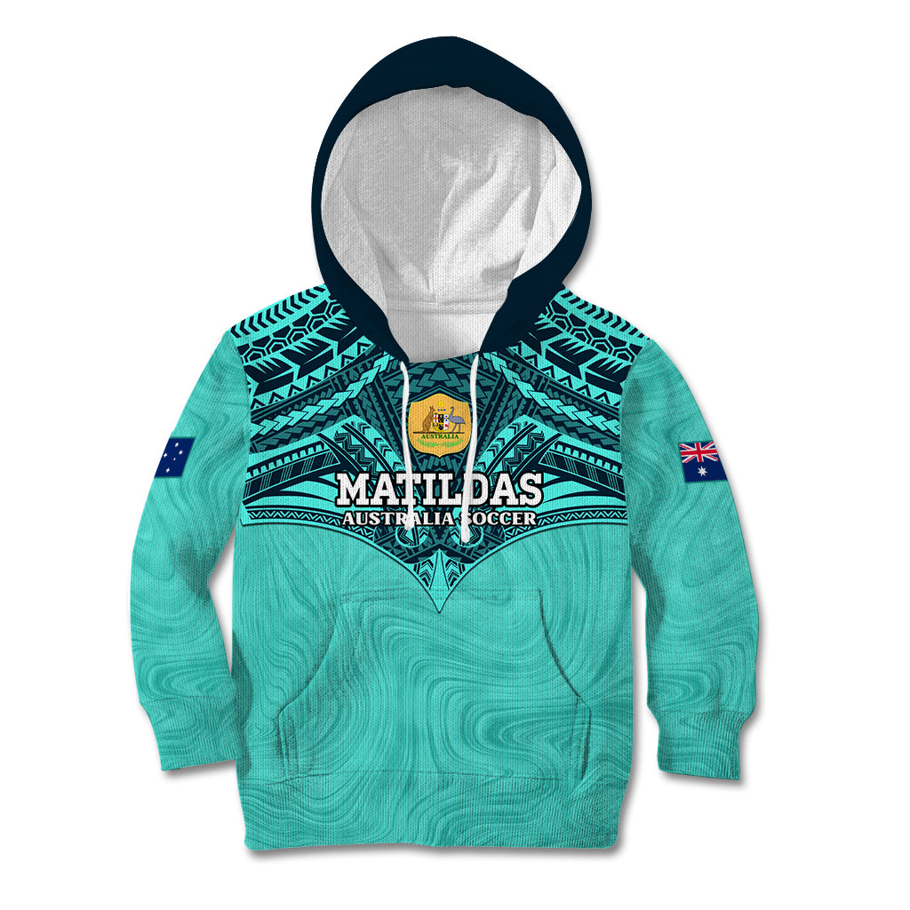 Custom Australia Matildas Kid Hoodie Polynesian Mix Turquoise Marble