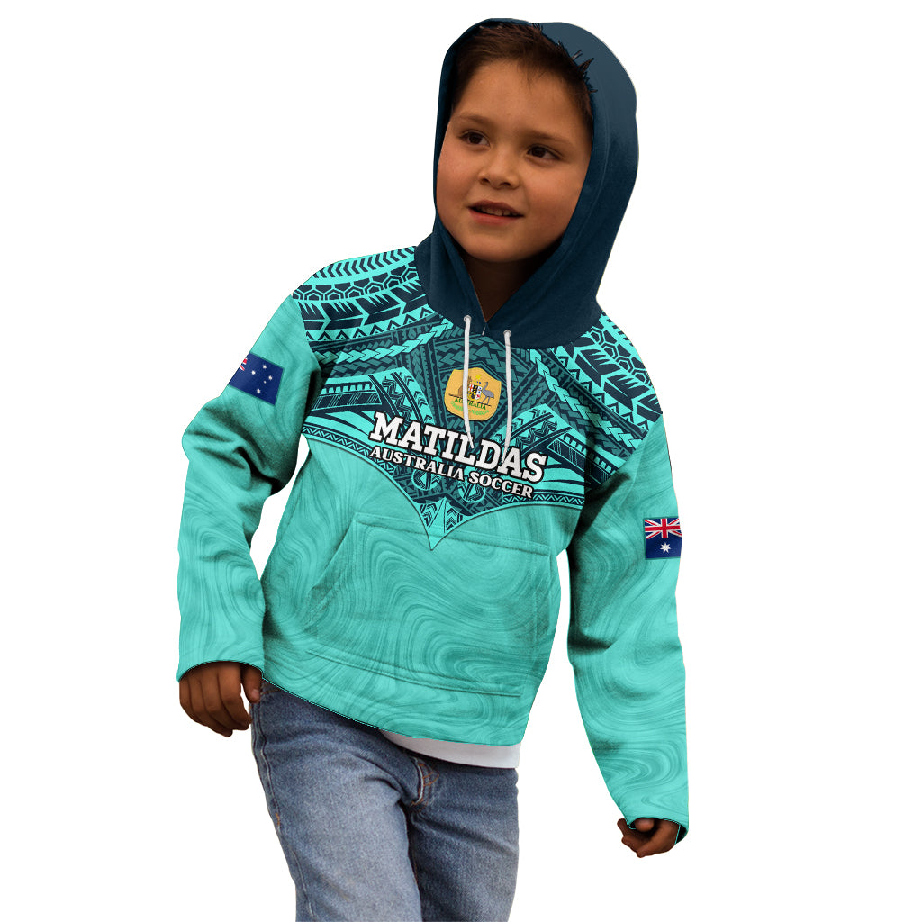 Custom Australia Matildas Kid Hoodie Polynesian Mix Turquoise Marble