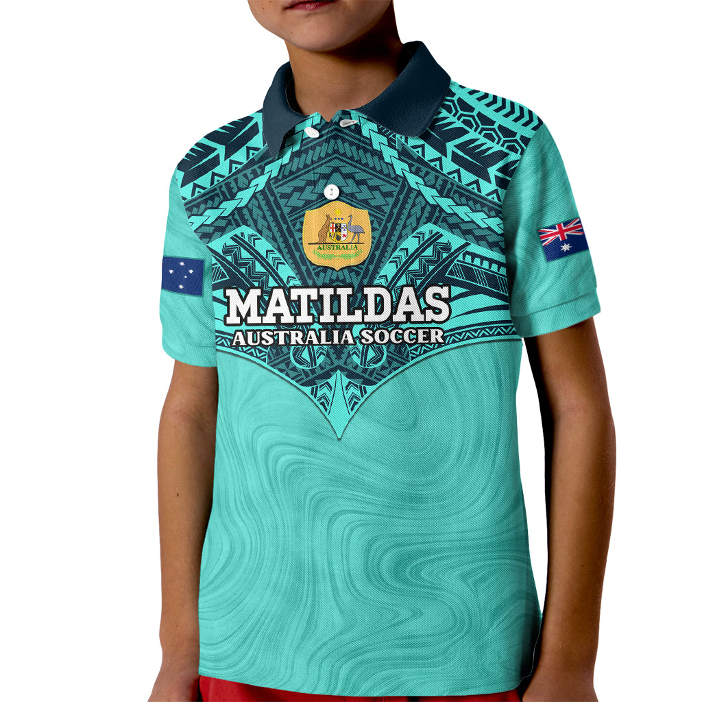 Custom Australia Matildas Kid Polo Shirt Polynesian Mix Turquoise Marble