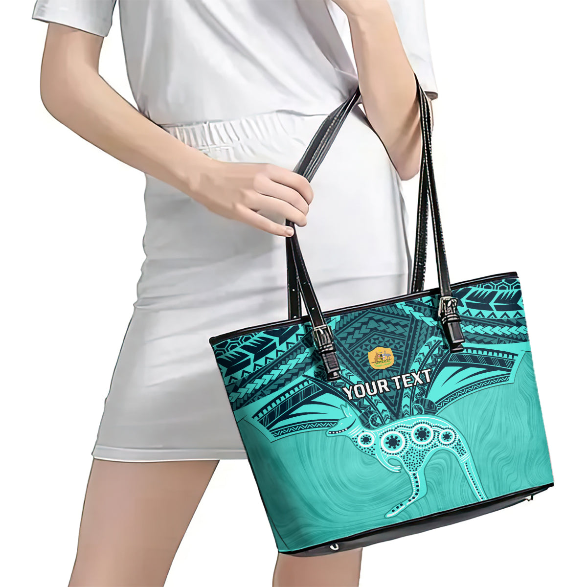 Custom Australia Matildas Leather Tote Bag Polynesian Mix Turquoise Marble