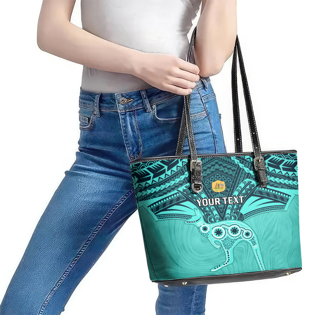 Custom Australia Matildas Leather Tote Bag Polynesian Mix Turquoise Marble