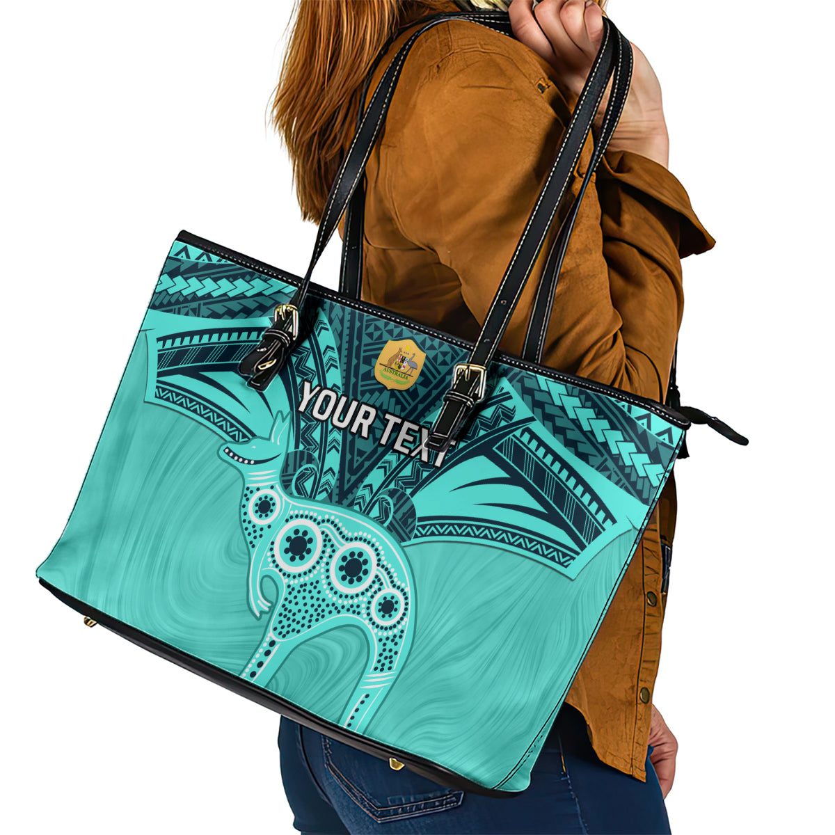 Custom Australia Matildas Leather Tote Bag Polynesian Mix Turquoise Marble