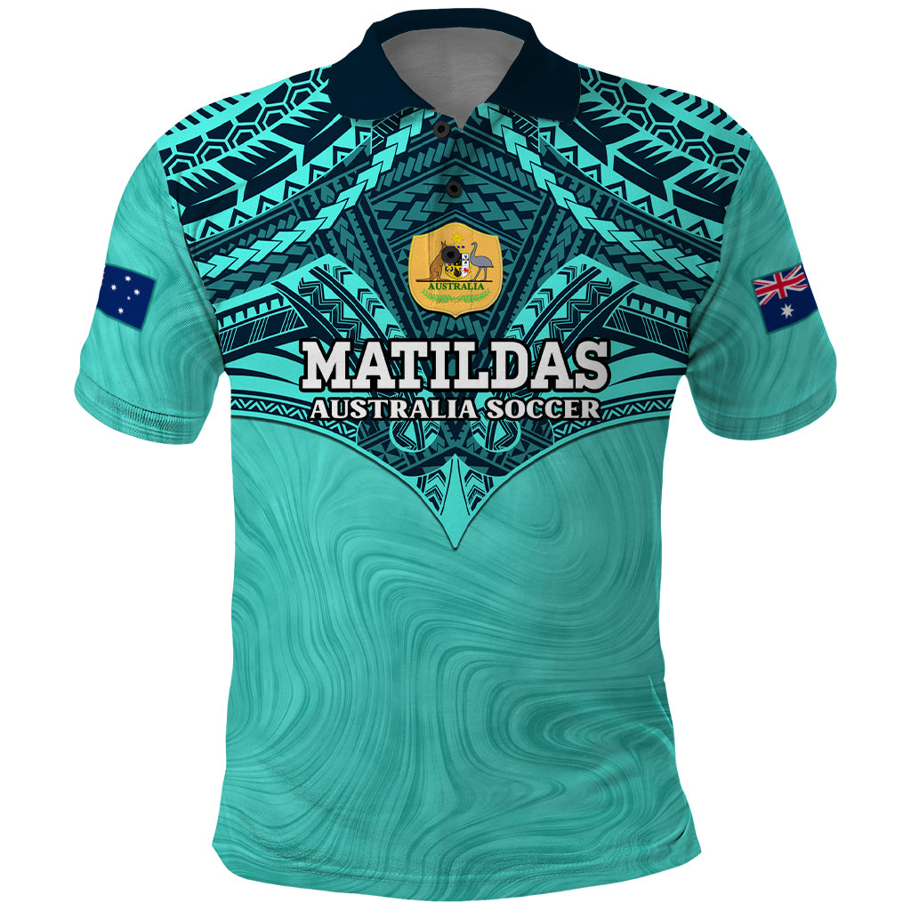 Custom Australia Matildas Polo Shirt Polynesian Mix Turquoise Marble