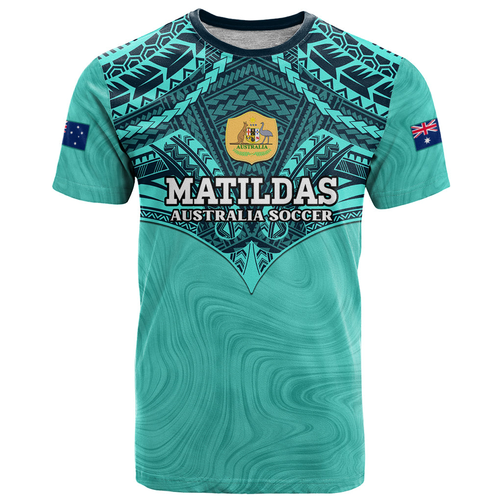 Custom Australia Matildas T Shirt Polynesian Mix Turquoise Marble