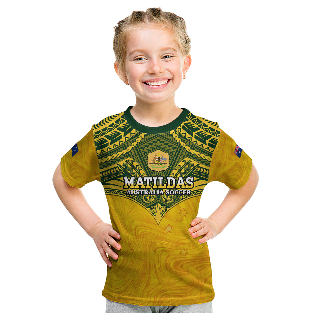 Custom Australia Matildas Kid T Shirt Polynesian Mix Gold Marble