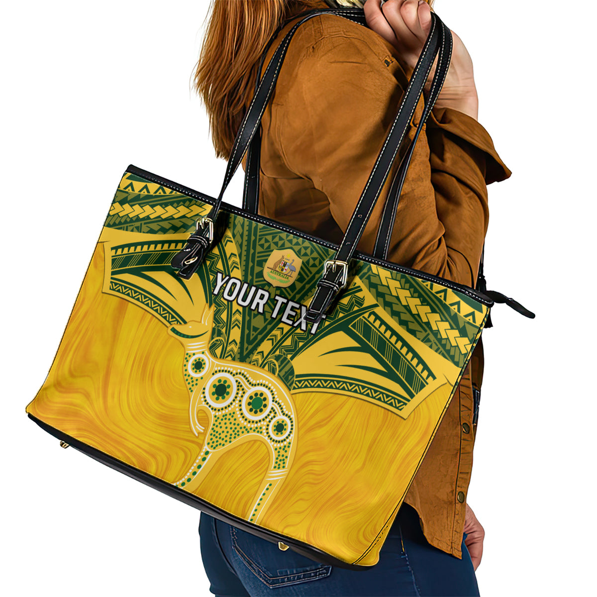 Custom Australia Matildas Leather Tote Bag Polynesian Mix Gold Marble