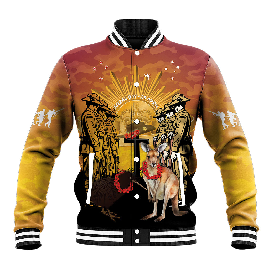 Australia And New Zealand ANZAC Baseball Jacket Aussie Kangaroo With Aotearoa Kiwi Lest We Forget