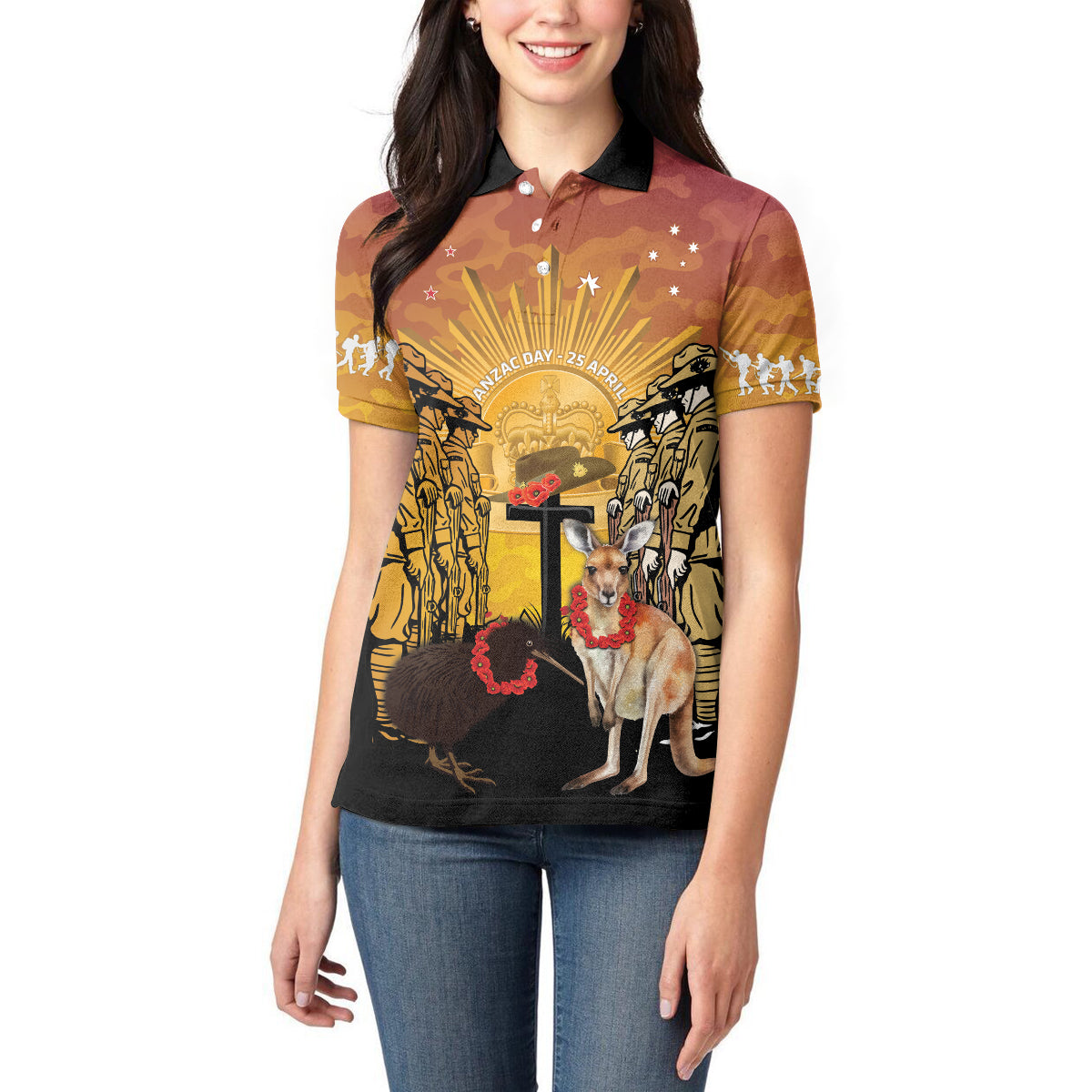 Australia And New Zealand ANZAC Women Polo Shirt Aussie Kangaroo With Aotearoa Kiwi Lest We Forget