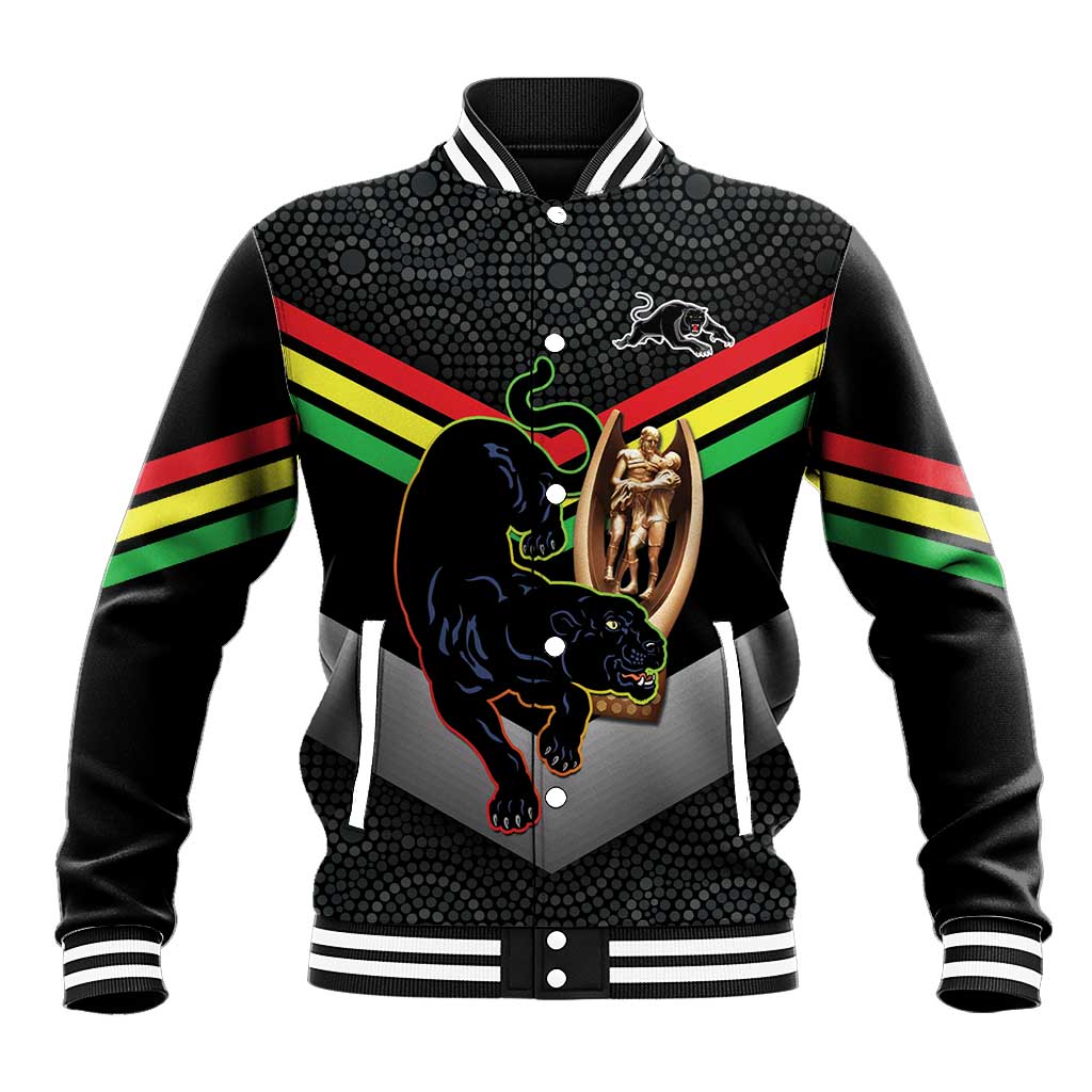 Personalised Panthers Rugby 2024 Baseball Jacket Mascot With Trophy Go Champions Aboriginal Art