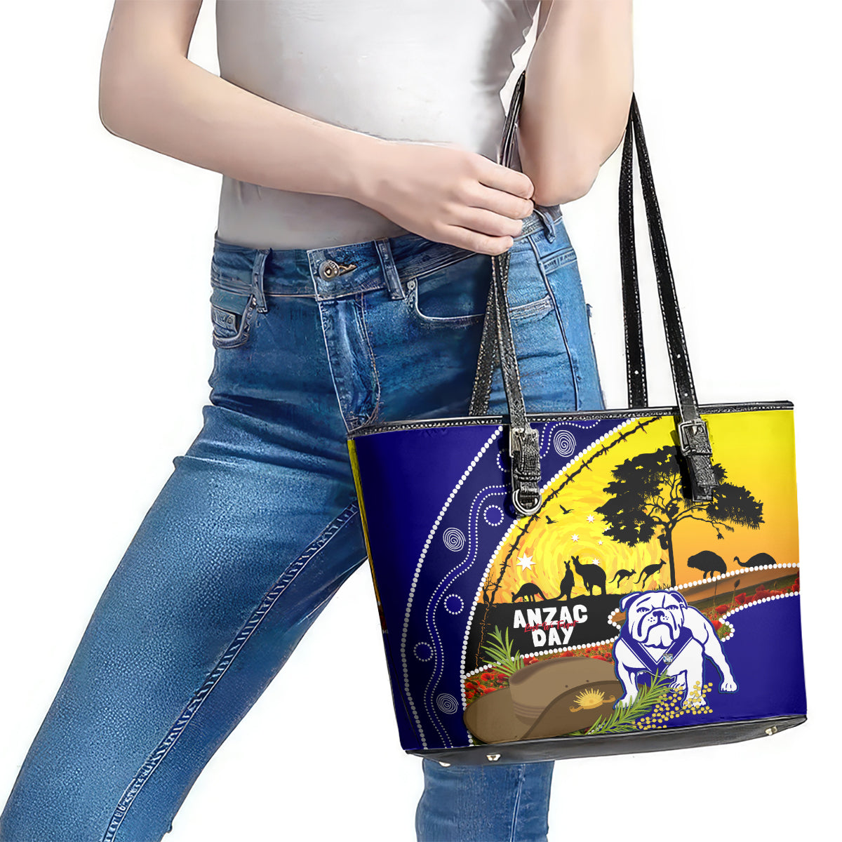 Bulldogs ANZAC Day Leather Tote Bag Rosemary Starring Night Style