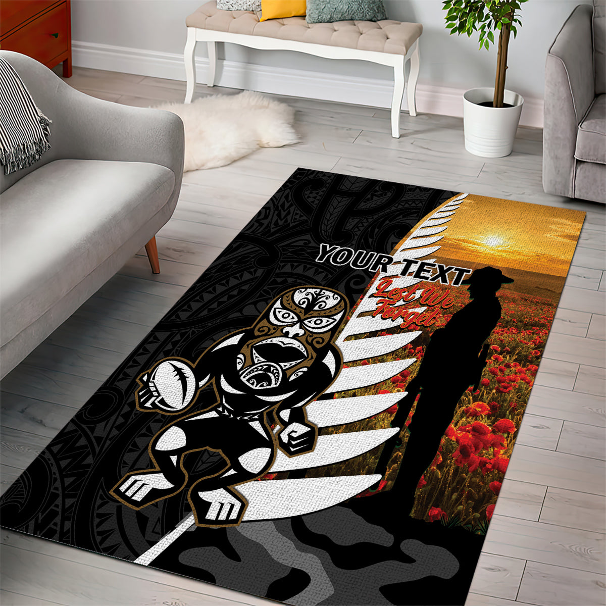 Custom New Zealand Silver Fern Rugby ANZAC Day Area Rug 2024 All Black Tiki Mascot