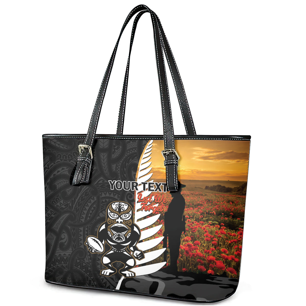 Custom New Zealand Silver Fern Rugby ANZAC Day Leather Tote Bag 2024 All Black Tiki Mascot