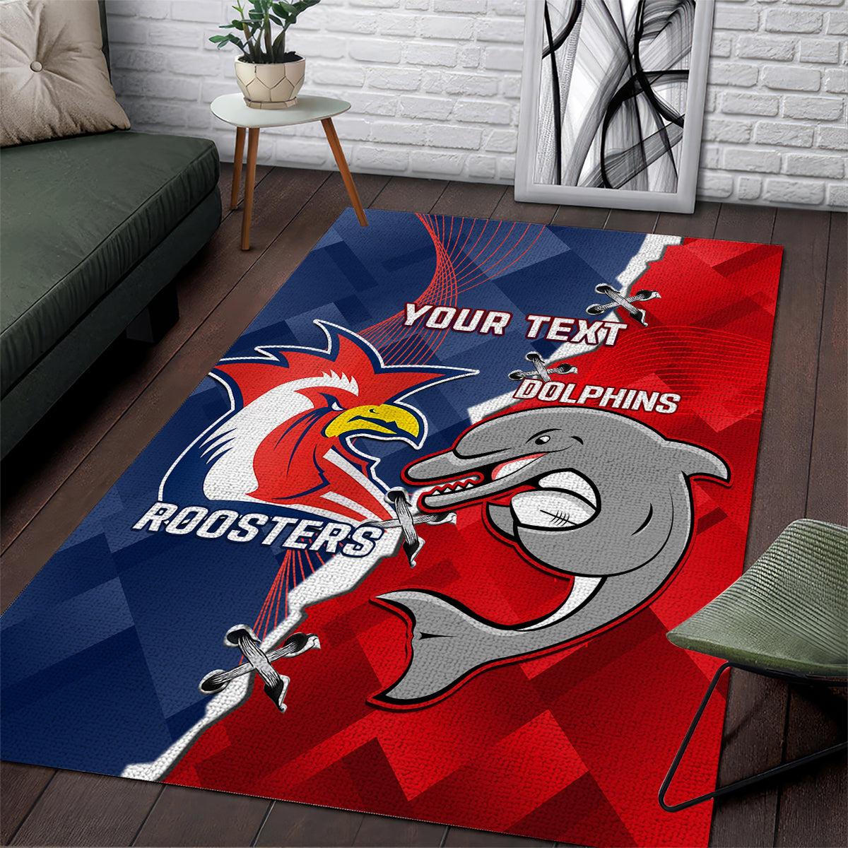 Personalised Dolphins And Roosters Rugby Area Rug NRL Sporty Style