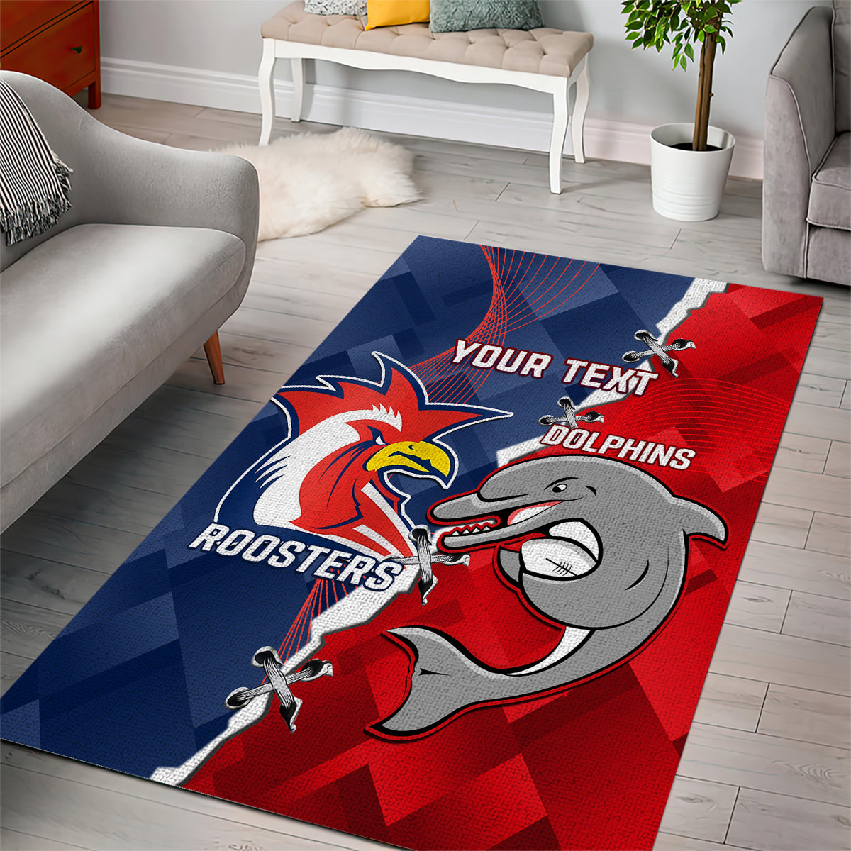 Personalised Dolphins And Roosters Rugby Area Rug NRL Sporty Style