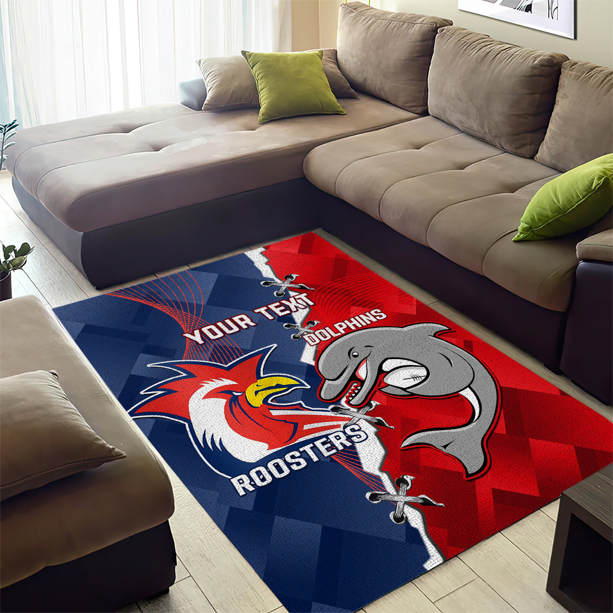 Personalised Dolphins And Roosters Rugby Area Rug NRL Sporty Style