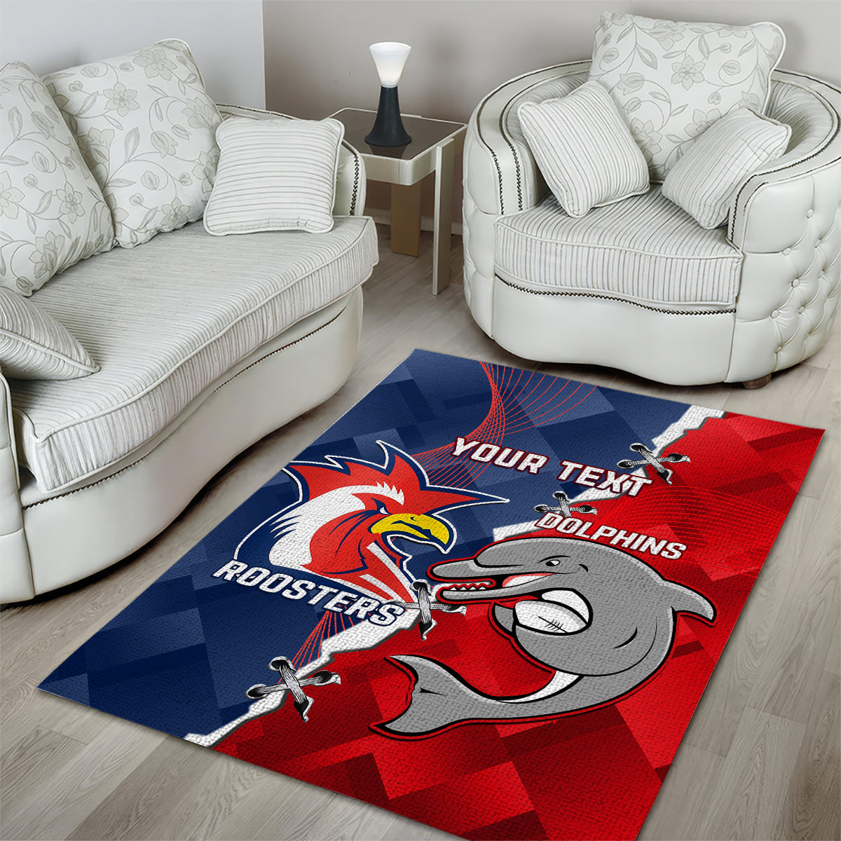 Personalised Dolphins And Roosters Rugby Area Rug NRL Sporty Style