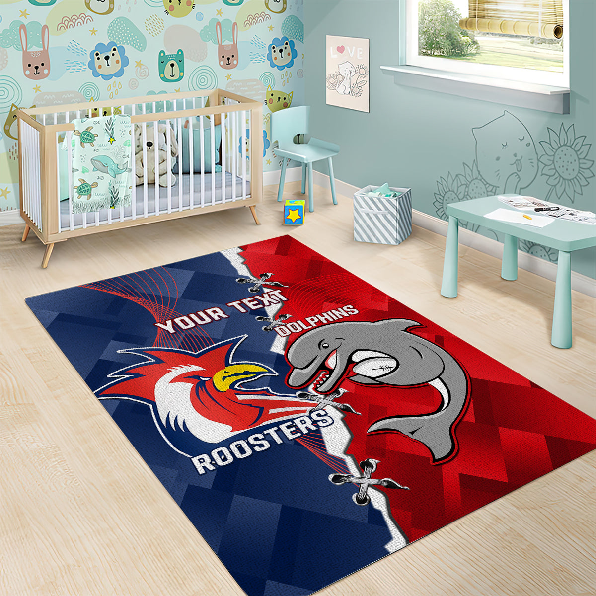 Personalised Dolphins And Roosters Rugby Area Rug NRL Sporty Style