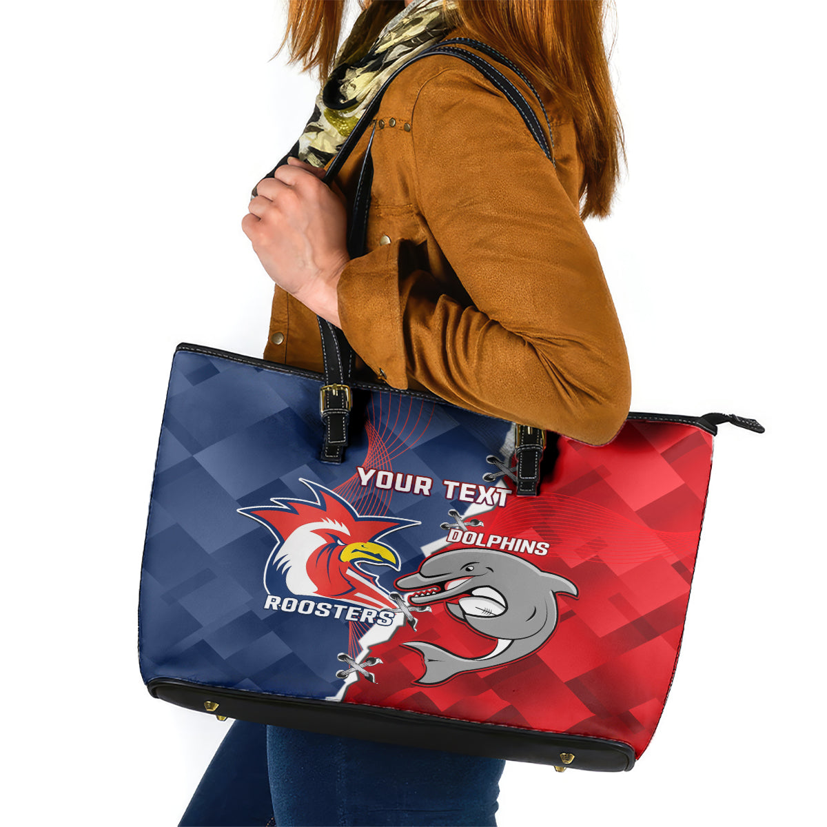 Personalised Dolphins And Roosters Rugby Leather Tote Bag NRL Sporty Style