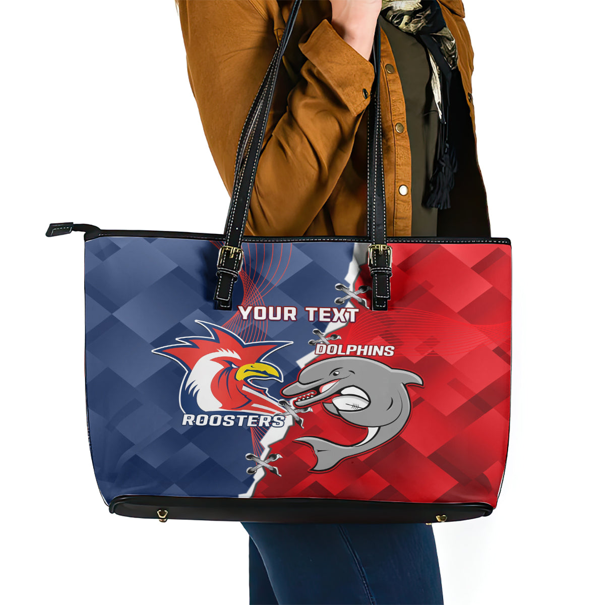 Personalised Dolphins And Roosters Rugby Leather Tote Bag NRL Sporty Style