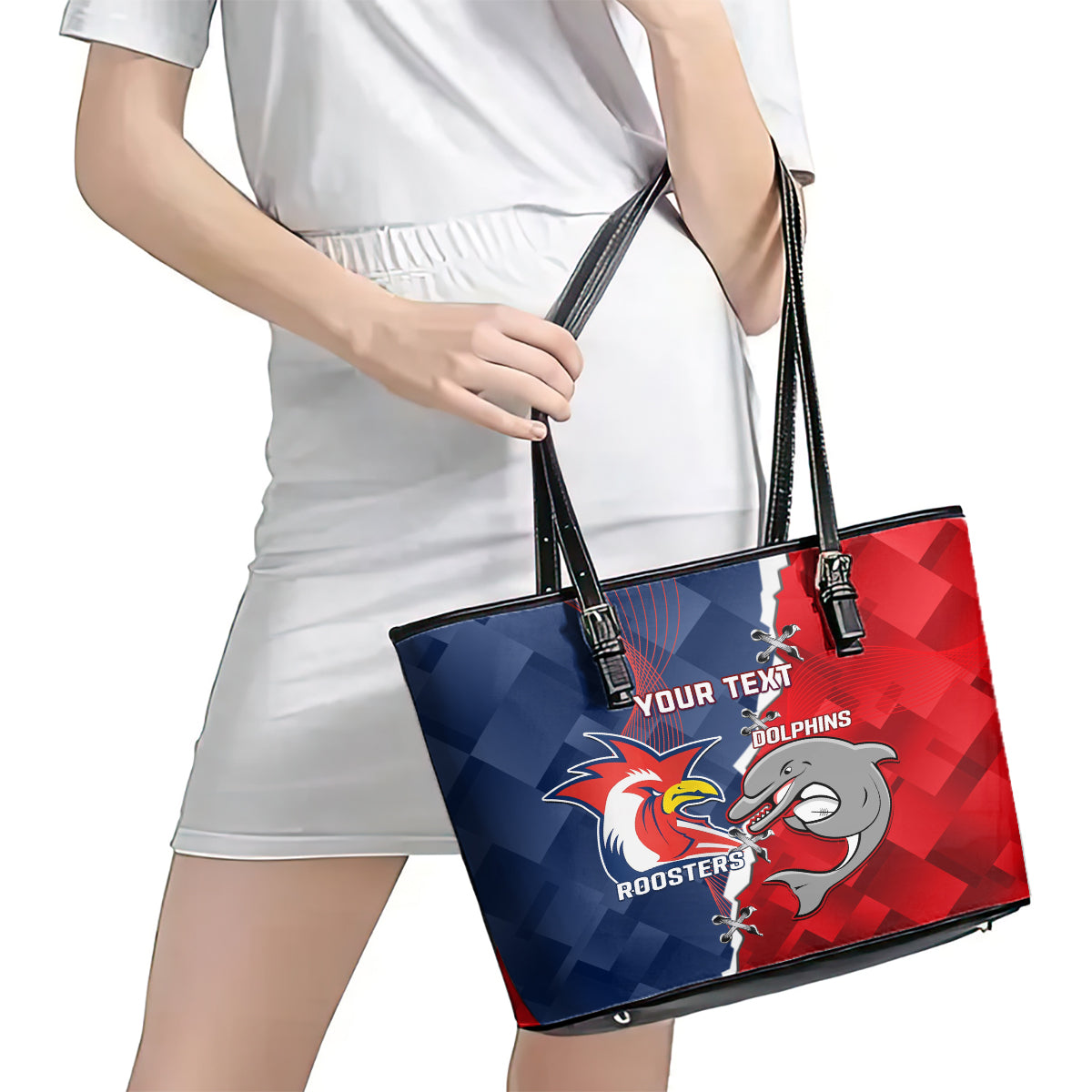 Personalised Dolphins And Roosters Rugby Leather Tote Bag NRL Sporty Style