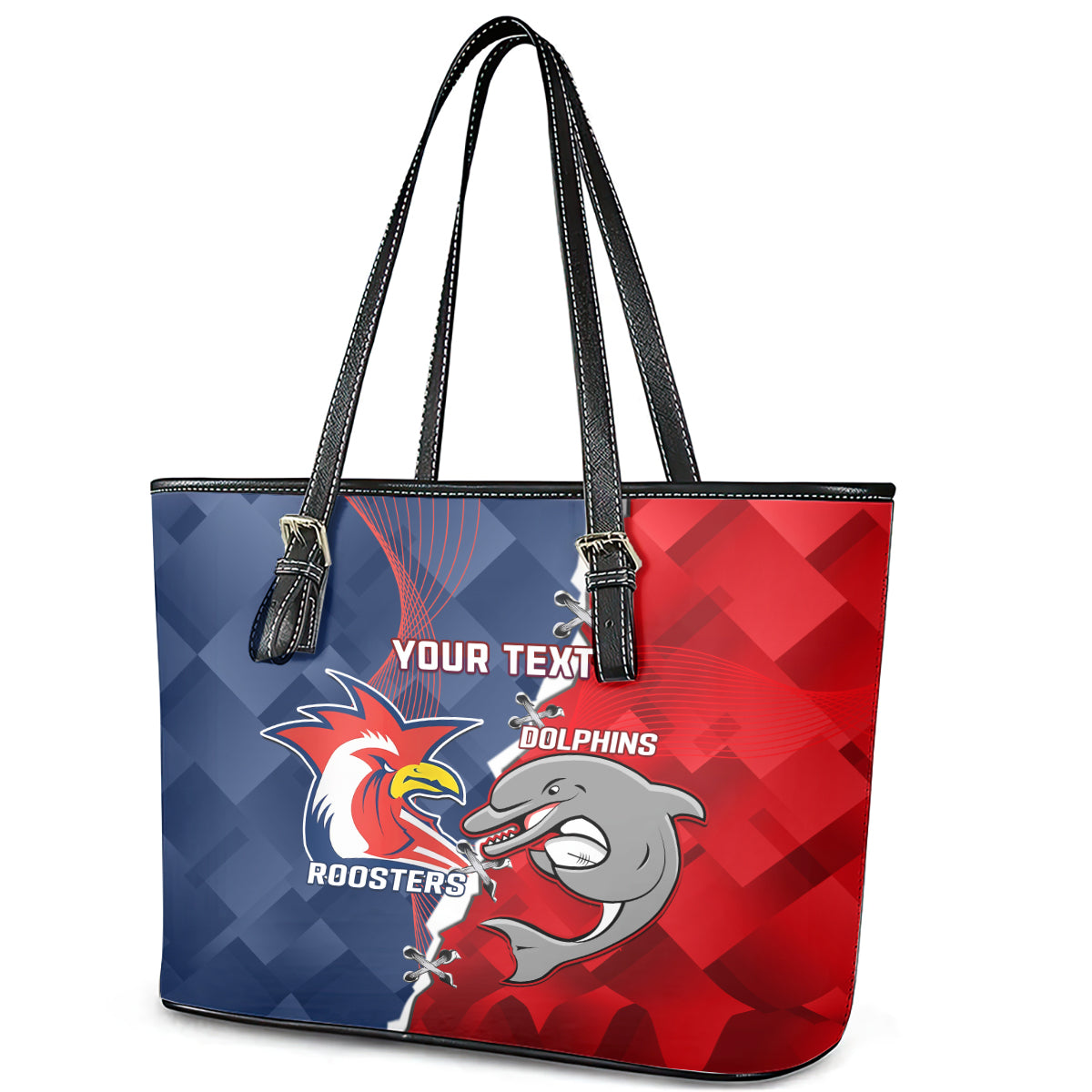 Personalised Dolphins And Roosters Rugby Leather Tote Bag NRL Sporty Style