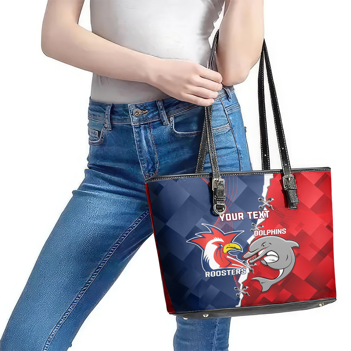 Personalised Dolphins And Roosters Rugby Leather Tote Bag NRL Sporty Style