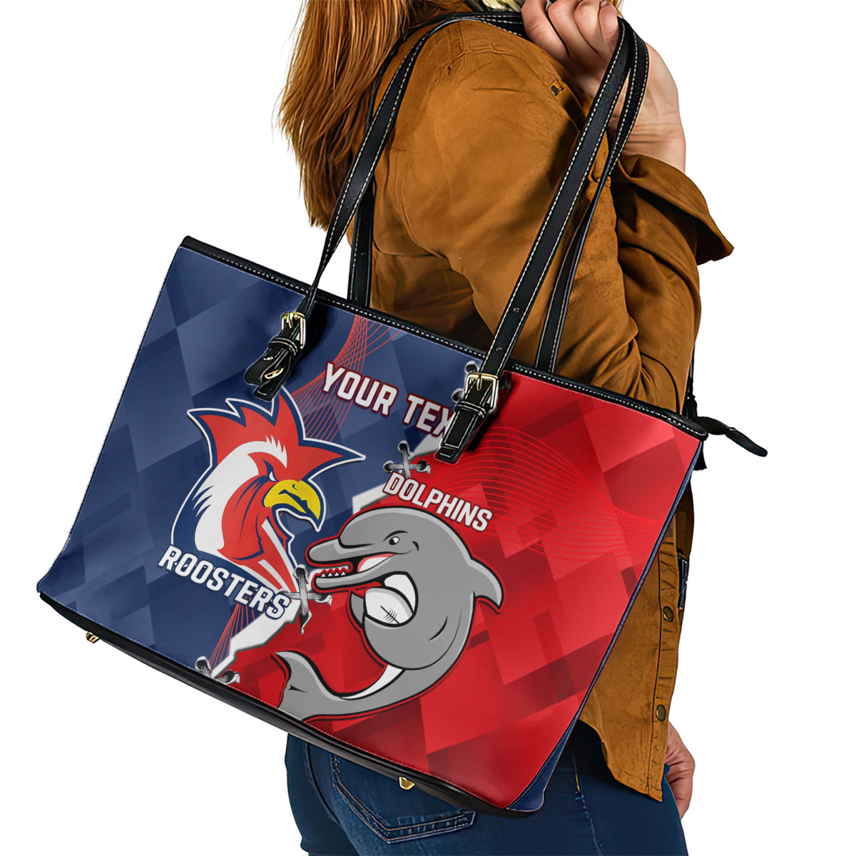 Personalised Dolphins And Roosters Rugby Leather Tote Bag NRL Sporty Style