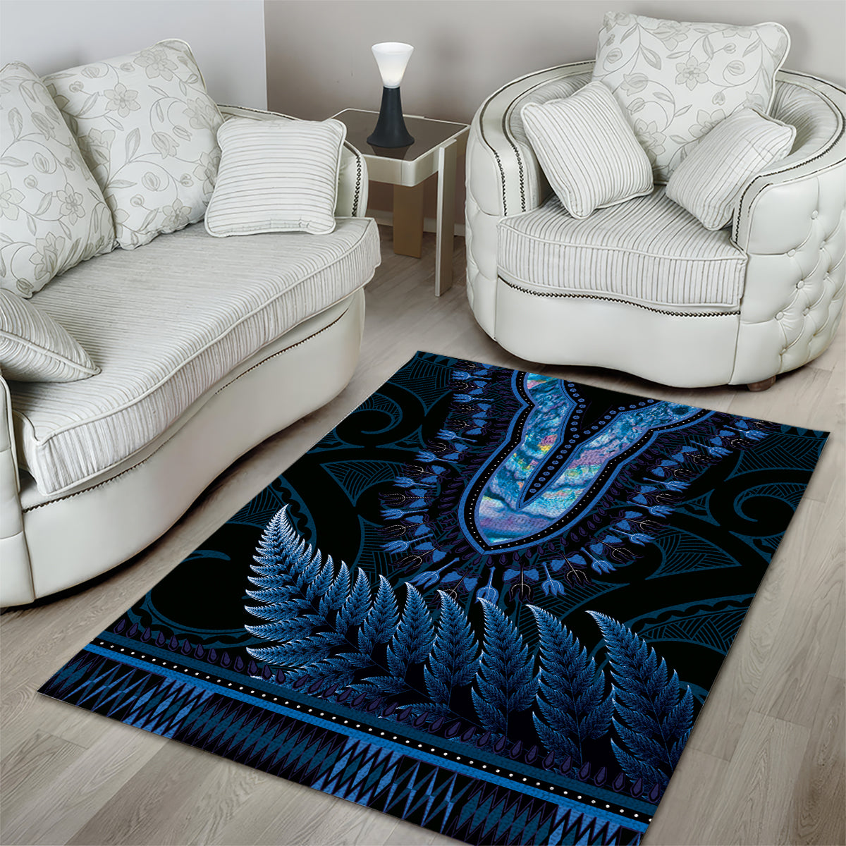 Blue African Dashiki With Aotearoa Maori Area Rug Paua Shell Mix Silver Fern