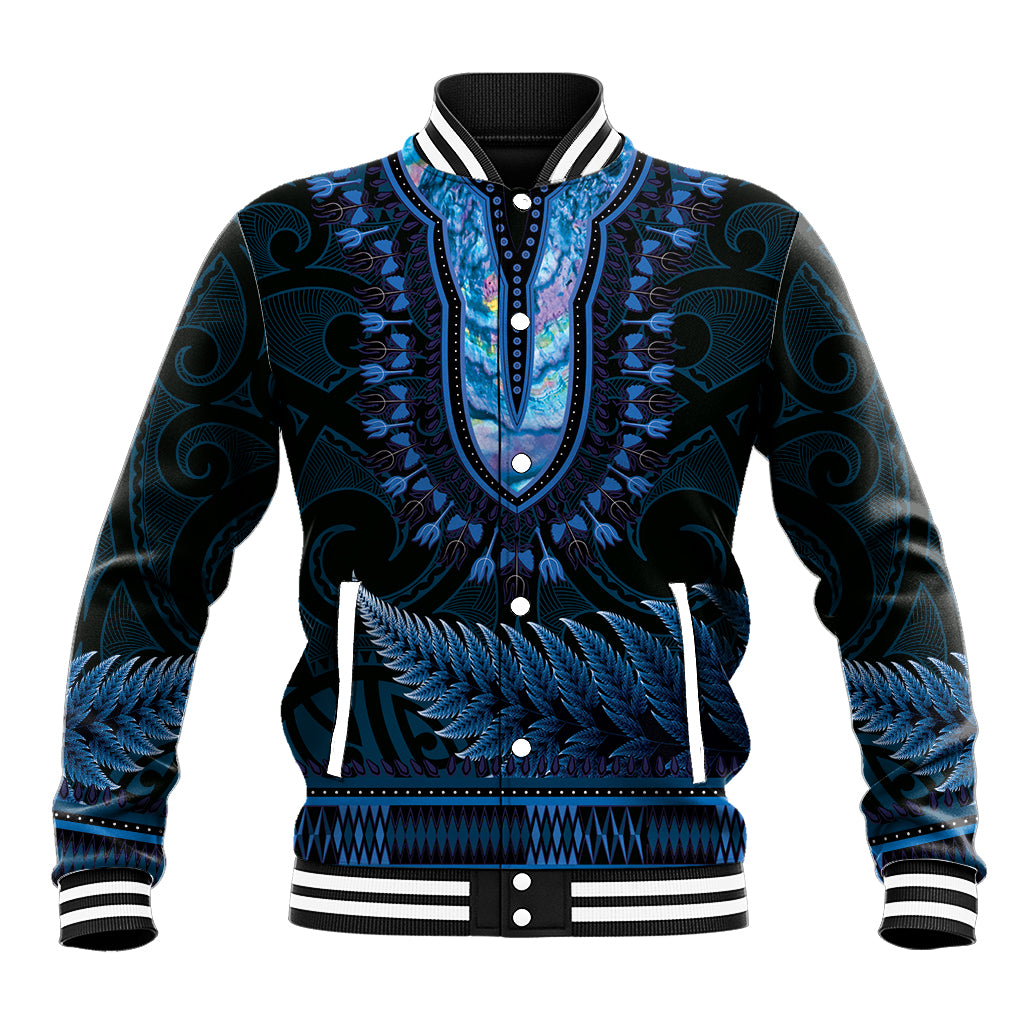 Blue African Dashiki With Aotearoa Maori Baseball Jacket Paua Shell Mix Silver Fern