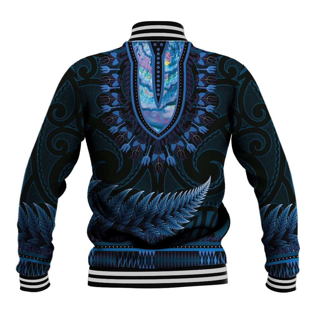 Blue African Dashiki With Aotearoa Maori Baseball Jacket Paua Shell Mix Silver Fern