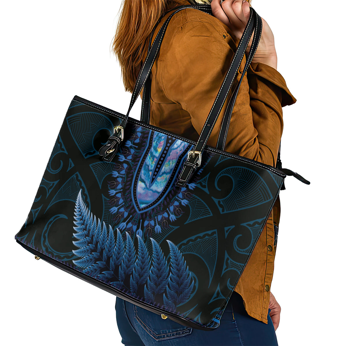 Blue African Dashiki With Aotearoa Maori Leather Tote Bag Paua Shell Mix Silver Fern