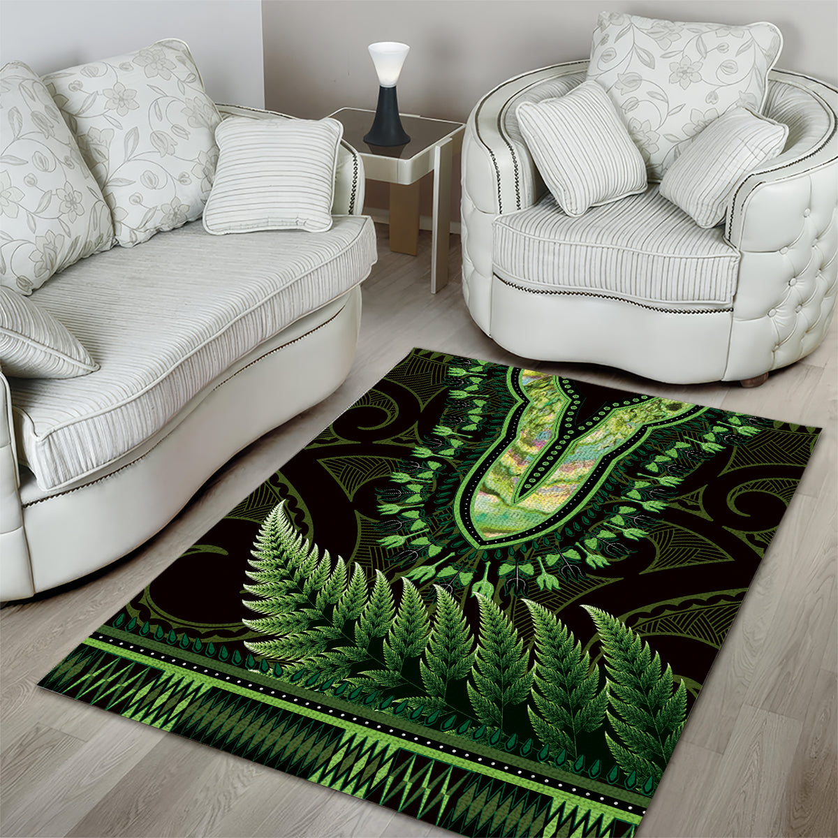 Lime Green African Dashiki With Aotearoa Maori Area Rug Paua Shell Mix Silver Fern