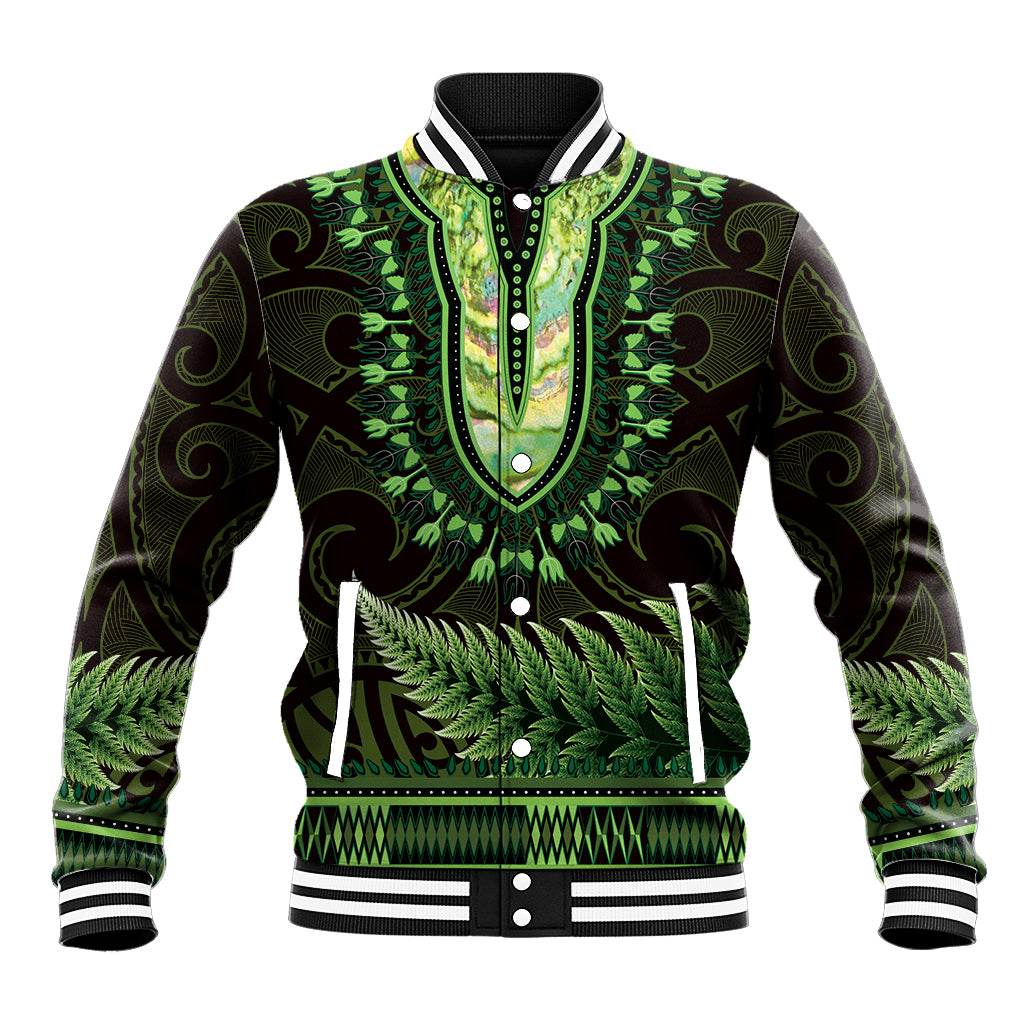 Lime Green African Dashiki With Aotearoa Maori Baseball Jacket Paua Shell Mix Silver Fern