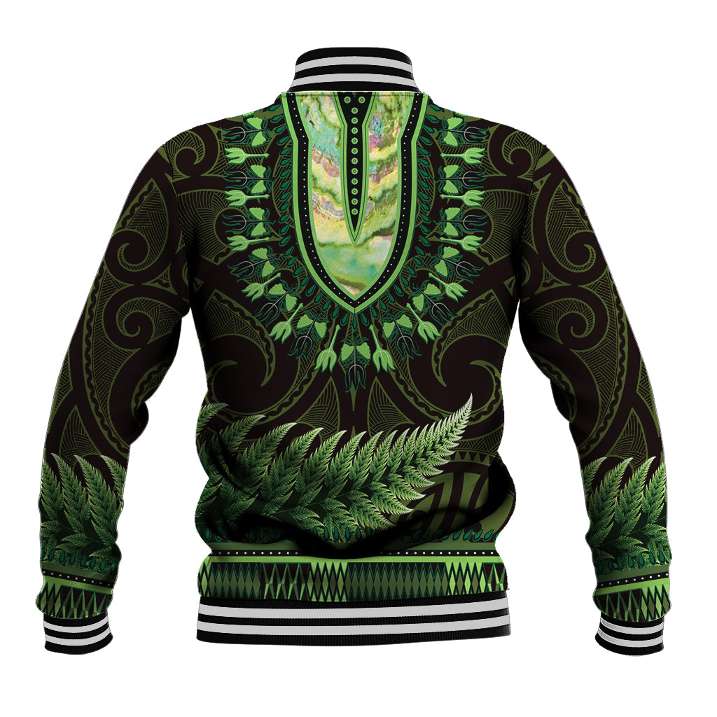 Lime Green African Dashiki With Aotearoa Maori Baseball Jacket Paua Shell Mix Silver Fern