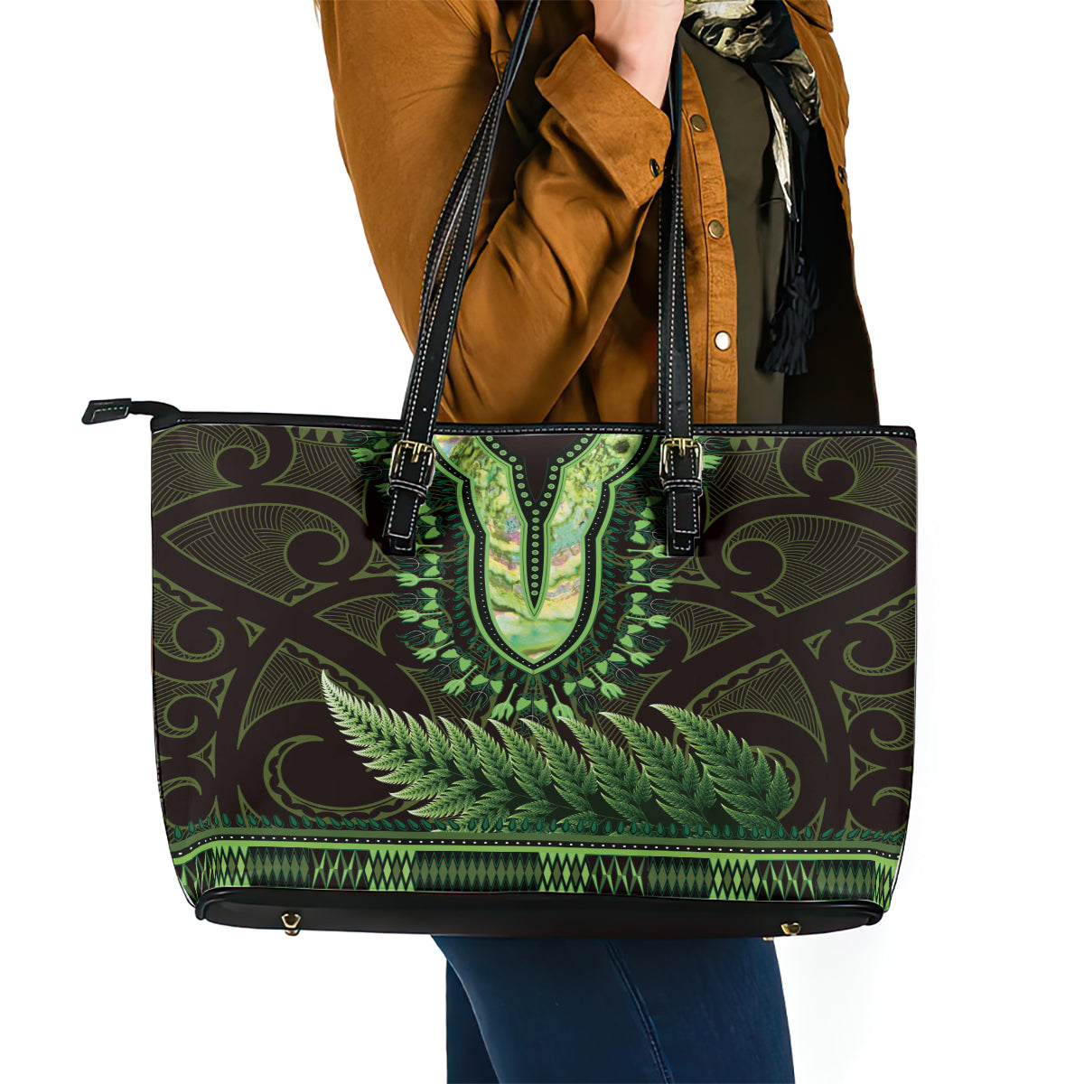 Lime Green African Dashiki With Aotearoa Maori Leather Tote Bag Paua Shell Mix Silver Fern