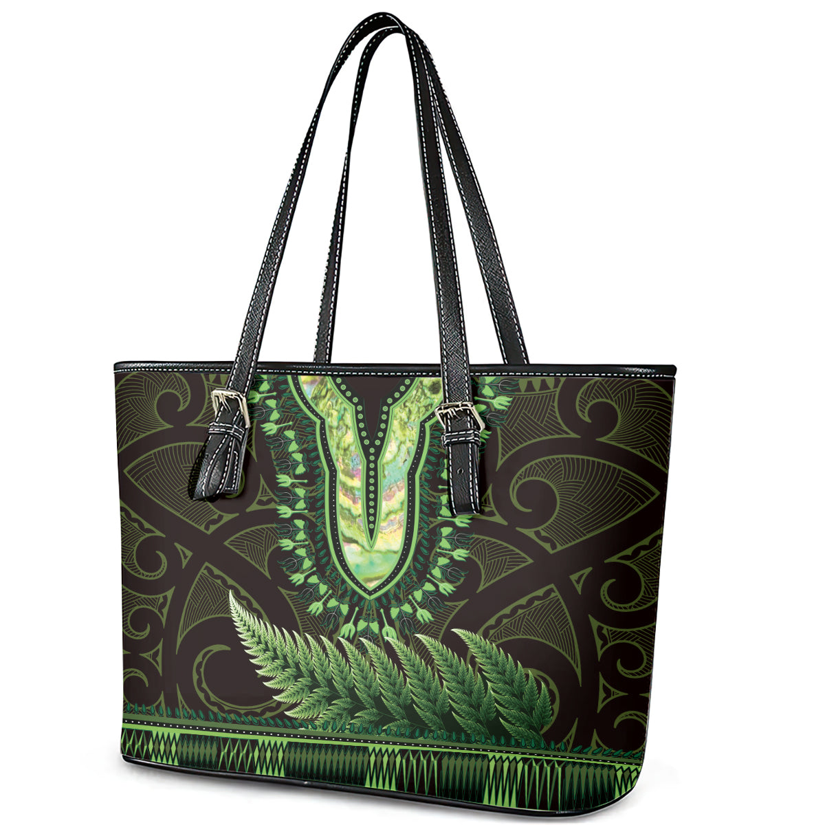 Lime Green African Dashiki With Aotearoa Maori Leather Tote Bag Paua Shell Mix Silver Fern