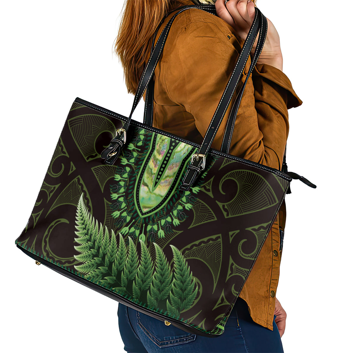 Lime Green African Dashiki With Aotearoa Maori Leather Tote Bag Paua Shell Mix Silver Fern