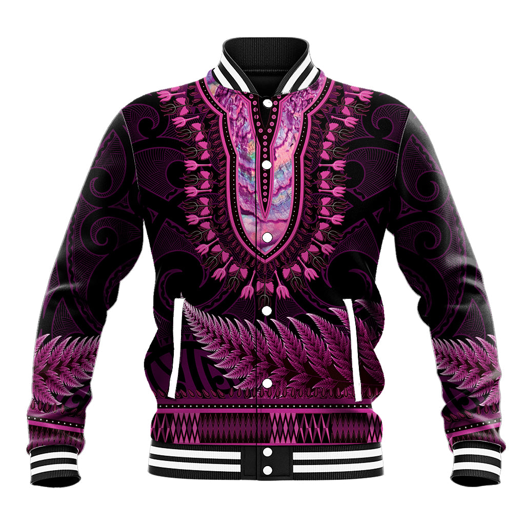 Pink African Dashiki With Aotearoa Maori Baseball Jacket Paua Shell Mix Silver Fern