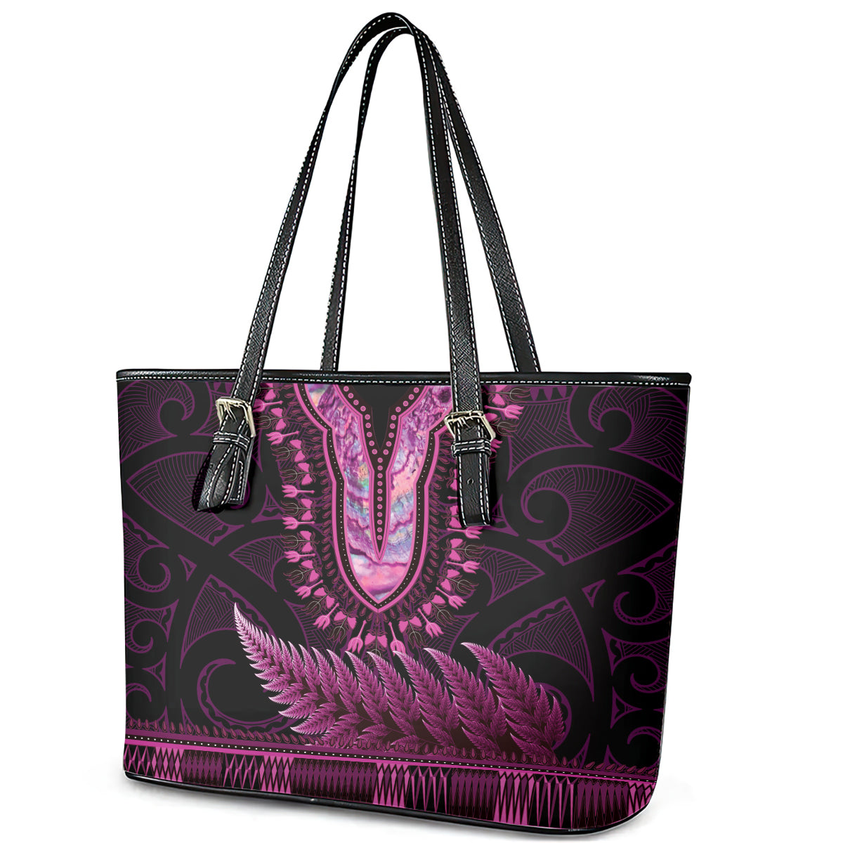 Pink African Dashiki With Aotearoa Maori Leather Tote Bag Paua Shell Mix Silver Fern