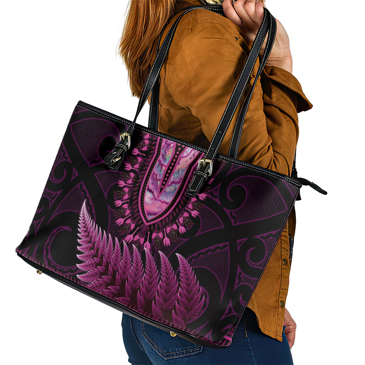 Pink African Dashiki With Aotearoa Maori Leather Tote Bag Paua Shell Mix Silver Fern