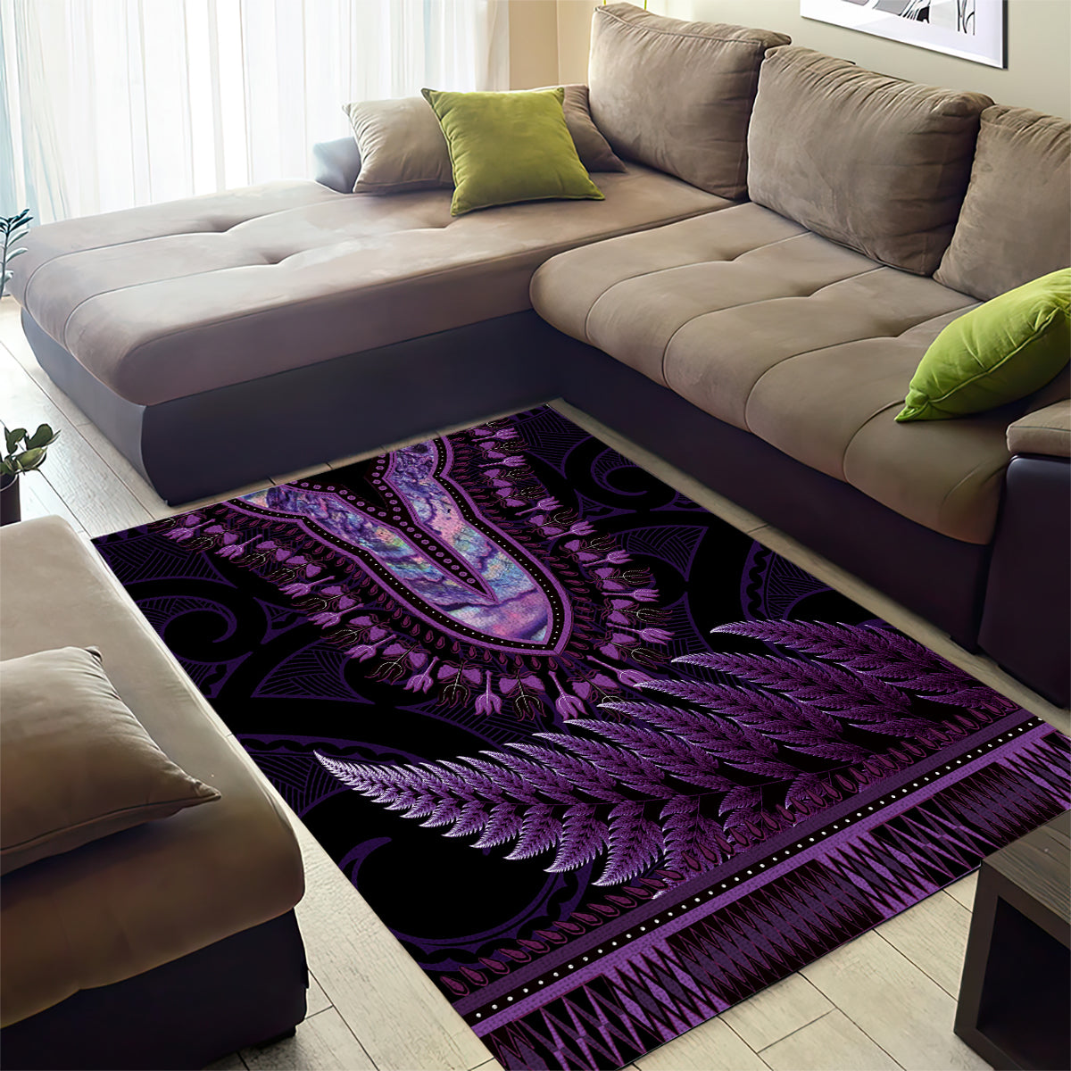 Purple African Dashiki With Aotearoa Maori Area Rug Paua Shell Mix Silver Fern