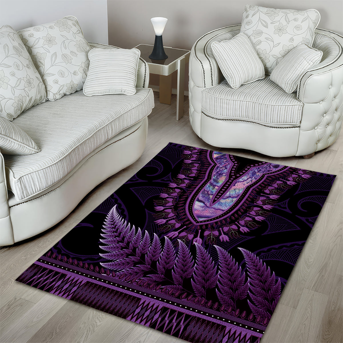 Purple African Dashiki With Aotearoa Maori Area Rug Paua Shell Mix Silver Fern