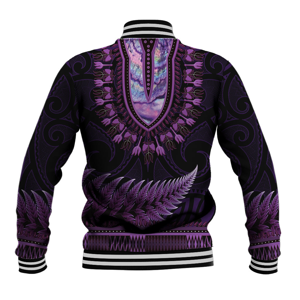 Purple African Dashiki With Aotearoa Maori Baseball Jacket Paua Shell Mix Silver Fern